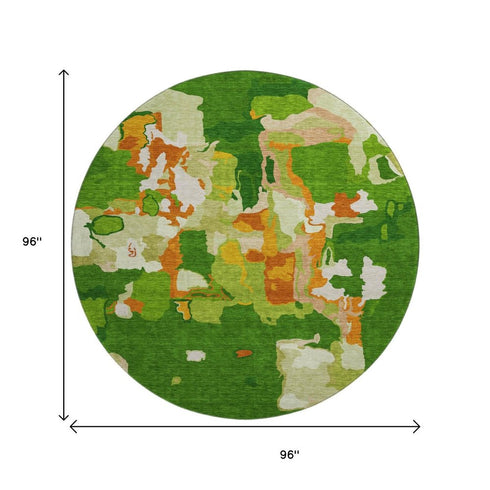8' Green Copper And Orange Abstract Washable Round Rug With UV Protection