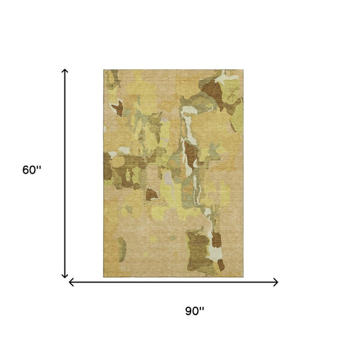 5' X 8' Gold Brown And Beige Abstract Washable Area Rug With UV Protection