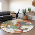 8' Ivory Orange Blue And Green Abstract Washable Round Rug With UV Protection