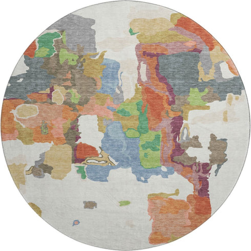 8' Ivory Orange Blue And Green Abstract Washable Round Rug With UV Protection