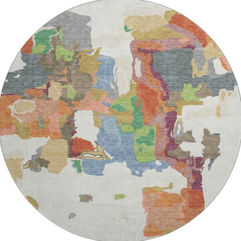 8' Ivory Orange Blue And Green Abstract Washable Round Rug With UV Protection