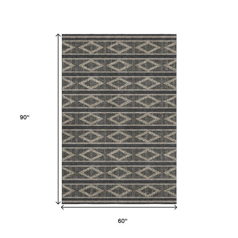 5' X 8' Black And Taupe Geometric Washable Area Rug With UV Protection