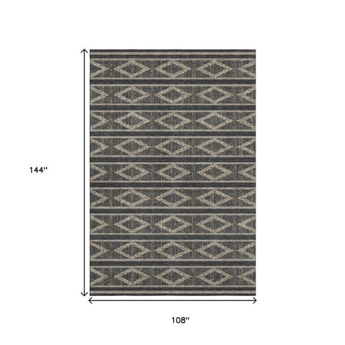 9' X 12' Black And Taupe Geometric Washable Area Rug With UV Protection