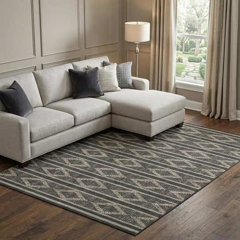 9' X 12' Black And Taupe Geometric Washable Area Rug With UV Protection
