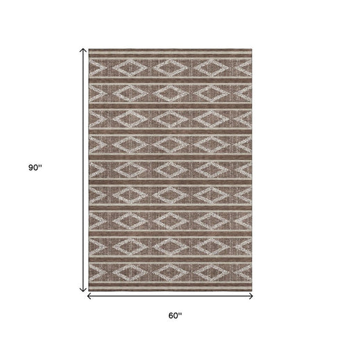 5' X 8' Brown And Beige Geometric Washable Area Rug With UV Protection