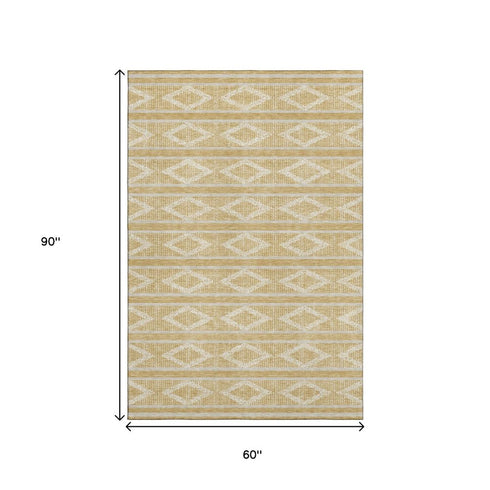 5' X 8' Gold And Beige Geometric Washable Area Rug With UV Protection