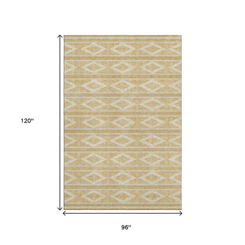8' X 10' Gold And Beige Geometric Washable Area Rug With UV Protection