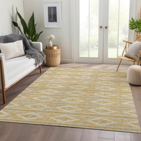 8' X 10' Gold And Beige Geometric Washable Area Rug With UV Protection