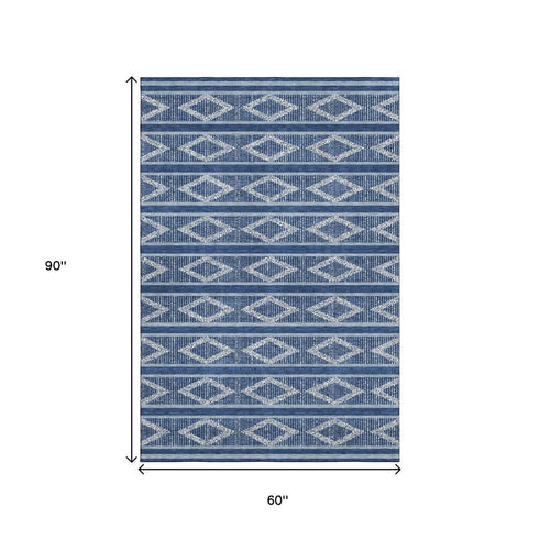 5' X 8' Navy Blue And Ivory Geometric Washable Area Rug With UV Protection