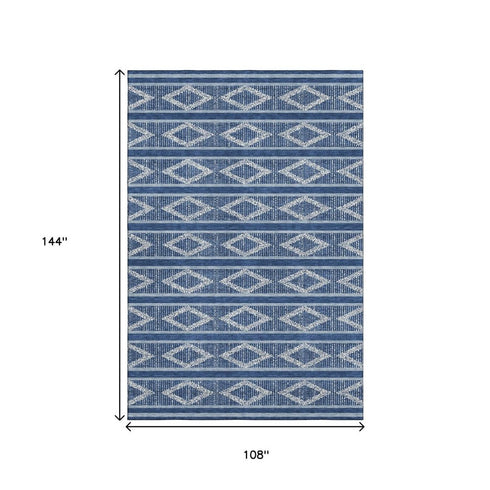 9' X 12' Navy Blue And Ivory Geometric Washable Area Rug With UV Protection