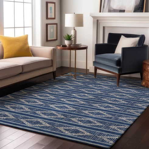9' X 12' Navy Blue And Ivory Geometric Washable Area Rug With UV Protection
