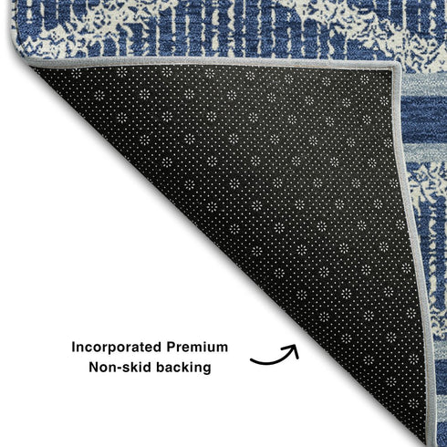 9' X 12' Navy Blue And Ivory Geometric Washable Area Rug With UV Protection