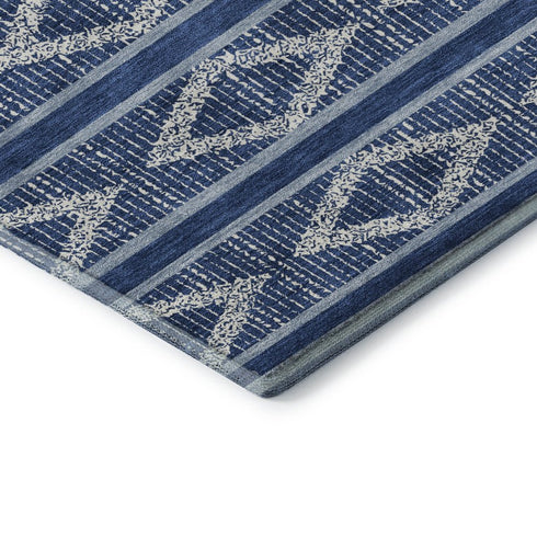 9' X 12' Navy Blue And Ivory Geometric Washable Area Rug With UV Protection