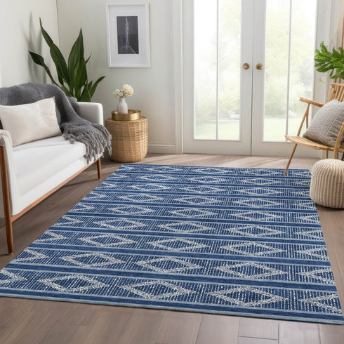 9' X 12' Navy Blue And Ivory Geometric Washable Area Rug With UV Protection