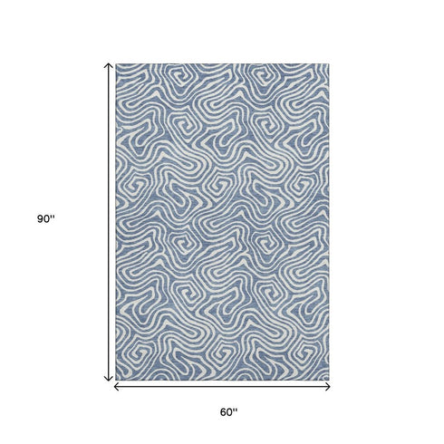 5' X 8' Denim Blue And Ivory Abstract Washable Area Rug With UV Protection