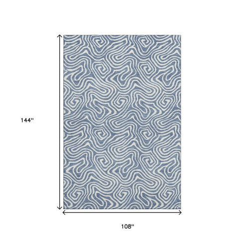9' X 12' Denim Blue And Ivory Abstract Washable Area Rug With UV Protection