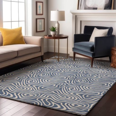 9' X 12' Denim Blue And Ivory Abstract Washable Area Rug With UV Protection