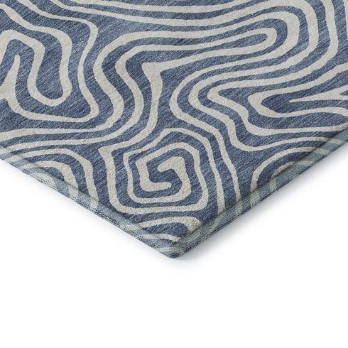 9' X 12' Denim Blue And Ivory Abstract Washable Area Rug With UV Protection