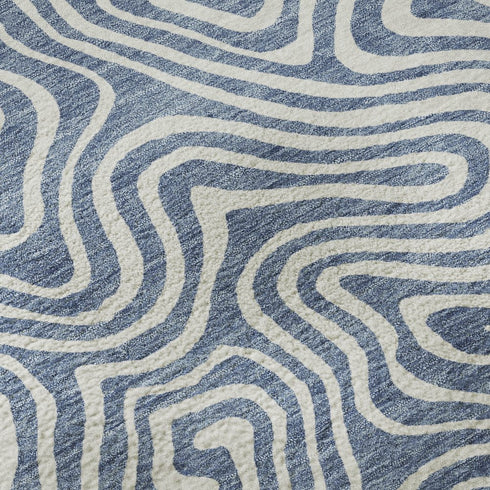 9' X 12' Denim Blue And Ivory Abstract Washable Area Rug With UV Protection