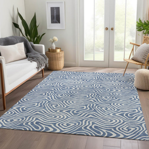 9' X 12' Denim Blue And Ivory Abstract Washable Area Rug With UV Protection