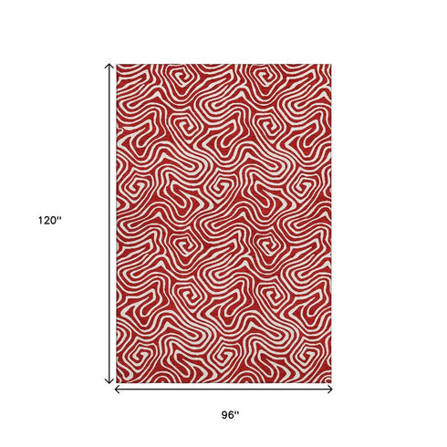 8' X 10' Red And Ivory Abstract Washable Area Rug With UV Protection