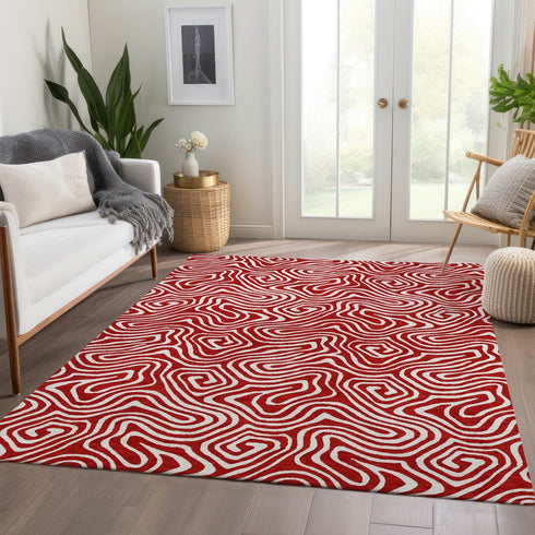8' X 10' Red And Ivory Abstract Washable Area Rug With UV Protection