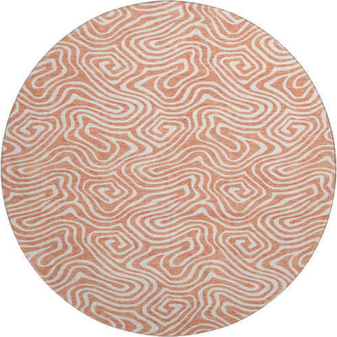 8' Salmon And Ivory Abstract Washable Round Rug With UV Protection