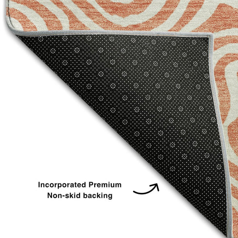 8' Salmon And Ivory Abstract Washable Round Rug With UV Protection