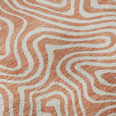 8' Salmon And Ivory Abstract Washable Round Rug With UV Protection