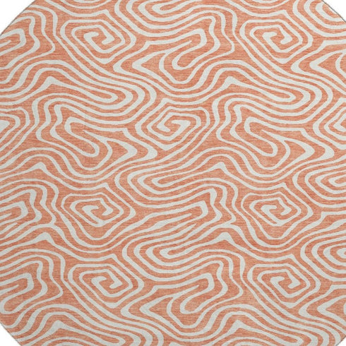 8' Salmon And Ivory Abstract Washable Round Rug With UV Protection