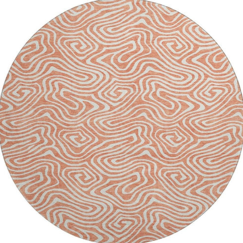 8' Salmon And Ivory Abstract Washable Round Rug With UV Protection