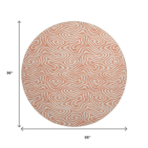 8' Salmon And Ivory Abstract Washable Round Rug With UV Protection