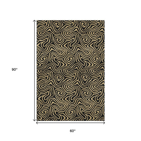 5' X 8' Black And Gold Abstract Washable Area Rug With UV Protection