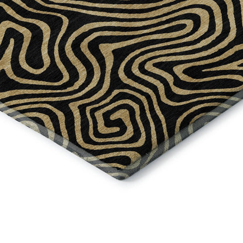 5' X 8' Black And Gold Abstract Washable Area Rug With UV Protection