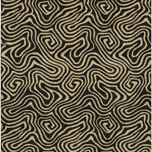 5' X 8' Black And Gold Abstract Washable Area Rug With UV Protection
