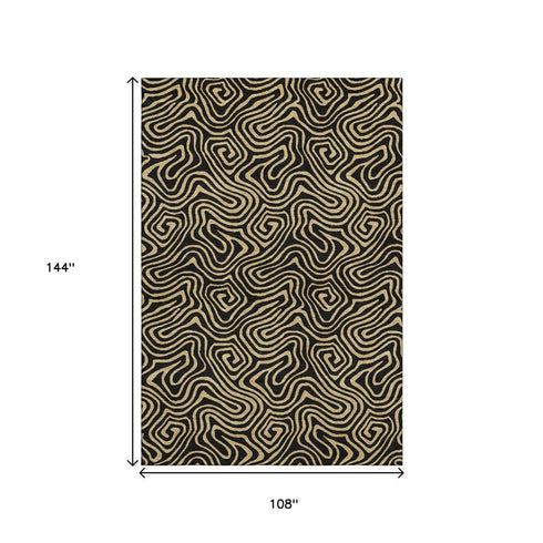 9' X 12' Black And Gold Abstract Washable Area Rug With UV Protection