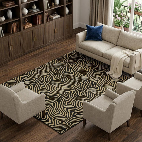 9' X 12' Black And Gold Abstract Washable Area Rug With UV Protection