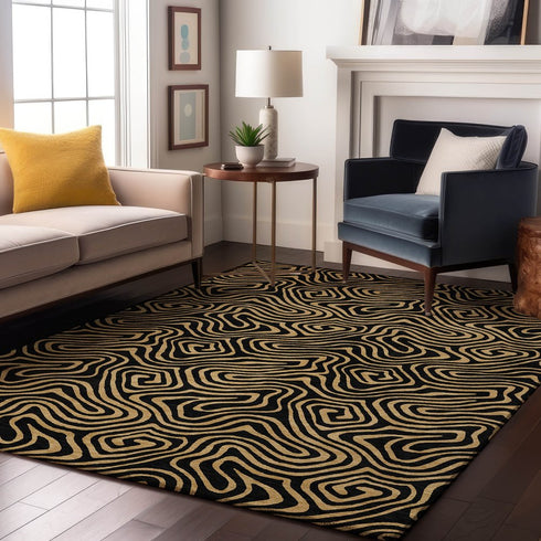 9' X 12' Black And Gold Abstract Washable Area Rug With UV Protection