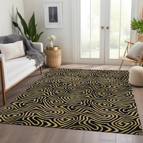 9' X 12' Black And Gold Abstract Washable Area Rug With UV Protection