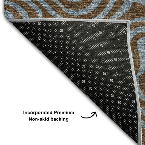 5' X 8' Brown And Sky Blue Abstract Washable Area Rug With UV Protection