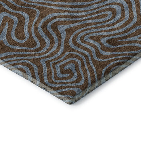 5' X 8' Brown And Sky Blue Abstract Washable Area Rug With UV Protection