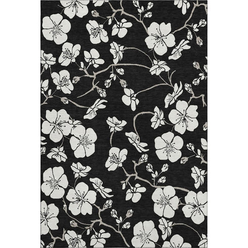 5' X 8' Black And Ivory Floral Washable Area Rug With UV Protection