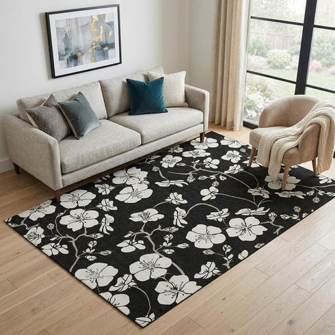 5' X 8' Black And Ivory Floral Washable Area Rug With UV Protection
