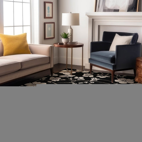 9' X 12' Black And Ivory Floral Washable Area Rug With UV Protection