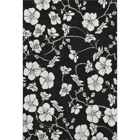 9' X 12' Black And Ivory Floral Washable Area Rug With UV Protection