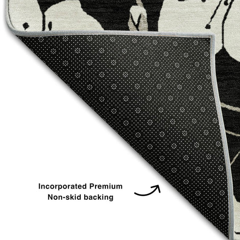 9' X 12' Black And Ivory Floral Washable Area Rug With UV Protection