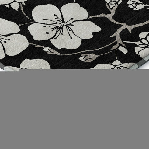 9' X 12' Black And Ivory Floral Washable Area Rug With UV Protection