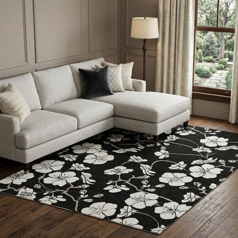 9' X 12' Black And Ivory Floral Washable Area Rug With UV Protection