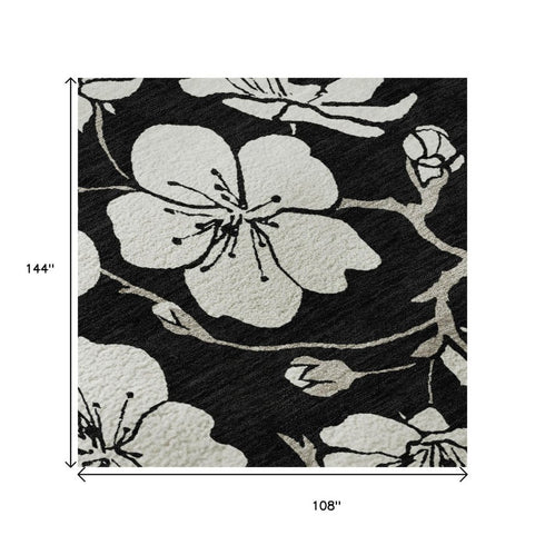 9' X 12' Black And Ivory Floral Washable Area Rug With UV Protection