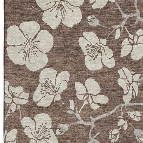 5' X 8' Brown And Beige Floral Washable Area Rug With UV Protection